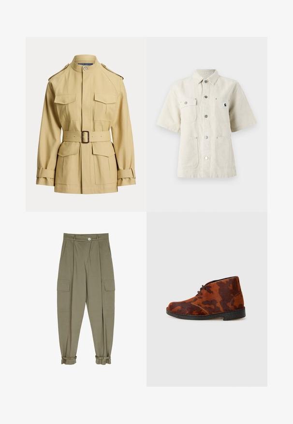 Chaqueta beige con cinturón, cuatro bolsillos delanteros con solapa, cinturón con hebilla en la cintura, cuello alzado, hombreras y correas ajustables en los puños.; Camisa de manga corta en tejido beige claro, con cuello de punta, botones en el frente, dos bolsillos en el pecho y un pequeño parche con el logo a la izquierda.; Pantalones cargo verde oliva hechos de tejido suave, con dos bolsillos frontales, diseño plisado y puños con cierres ajustables.; Botas de ante marrón hasta el tobillo con un patrón de camuflaje, presentan punta redonda, cierre con cordones y suela de goma negra.