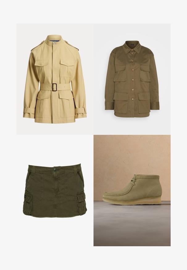 Beige jakke med bælte, fire forlommer med klap, bælte med spænde i taljen, stående krave, skulderstropper og justerbare manchetstropper.; Gina Tricot CARGO SHIRT - Skjortebluser - khaki green; Olivengrøn cargoskørt lavet af bomuldsblanding, med sidelommer, synlige sømme og knappelukning i taljen.; Beige ruskind ankelstøvler med rund tå, minimal syning, en lille hæl og snørebåndslukning for justerbar pasform.