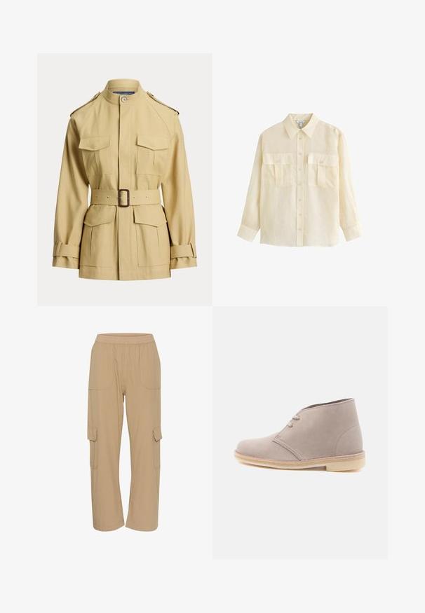 Beige jakke med bælte, fire forlommer med klap, bælte med spænde i taljen, stående krave, skulderstropper og justerbare manchetstropper.; Langærmet beige skjorte med knapper, krave og to forlommer med knapper, vist på hvid baggrund.; Beige cargo bukser med elastisk talje, sidelommer og en afslappet pasform. Fremstillet af letvægts, tekstureret stof.; Lyse beige ørkenstøvle i ruskind med to snørehuller og crepesål, vist i profil mod en ensfarvet hvid baggrund.