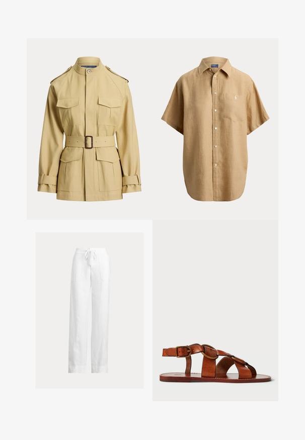Veste beige ceinturée avec quatre poches avant à rabat, ceinture à boucle à la taille, col montant, épaulettes et bracelets de manche réglables.; Chemise beige à manches courtes avec boutons, col et poche poitrine avec un petit logo brodé sur la poche.; Pantalon en lin blanc avec taille à cordon, coupe large et deux poches latérales. Texture lisse avec une apparence légère et aérée.; Sandale en cuir marron avec un design de bride horizontale et circulaire, semelle plate et accent de boucle métallique, présentant une texture lisse.