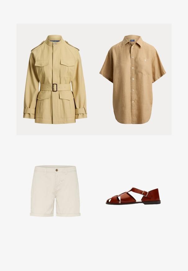 Beige jakke med bælte, fire forlommer med klap, bælte med spænde i taljen, stående krave, skulderstropper og justerbare manchetstropper.; Beige kortærmet skjorte med knapper, krave og brystlomme med en lille broderet logo på lommen.; Lys beige bomuldsShorts med knaplukning, foldede manchetter og sidelommer. Glat tekstur og skræddersyet design for komfort.; Brune lædersandaler med åben tå, stropdesign, ankelsnor med sølvspænde og flad sål. Enkel og minimalistisk stil.