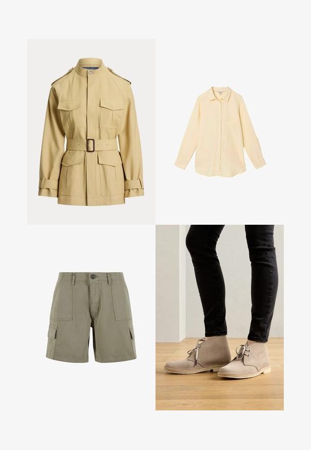 Beige jakke med bælte, fire forlommer med klap, bælte med spænde i taljen, stående krave, skulderstropper og justerbare manchetstropper.; Langærmet lysegul skjorte med knapper, krave og brystlomme, lagt fladt på en hvid baggrund.; Khaki cargo shorts lavet af letvægtsbomuld med to sidelommer, en front knaplukning og lige snit.; Beige ruskind ankelstøvler med en rund tå, snørebåndsdesign og kontrasterende syninger, båret med sorte tætsiddende bukser på et trægulv.