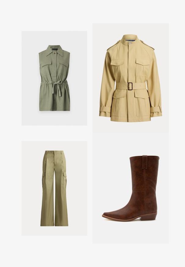 Veste beige ceinturée avec quatre poches avant à rabat, ceinture à boucle à la taille, col montant, épaulettes et bracelets de manche réglables.; Robe-chemise sans manches vert olive avec col pointu, deux poches poitrine à rabat, fermeture par boutons et ceinture ajustable à la taille.; Pantalon cargo kaki à jambes larges, taille haute, fermeture par bouton et zip, avec poches à rabat de chaque côté.; Botte de cowboy en cuir marron mi-mollet avec bout carré, sangle latérale et petit talon en bois empilé sur fond blanc.