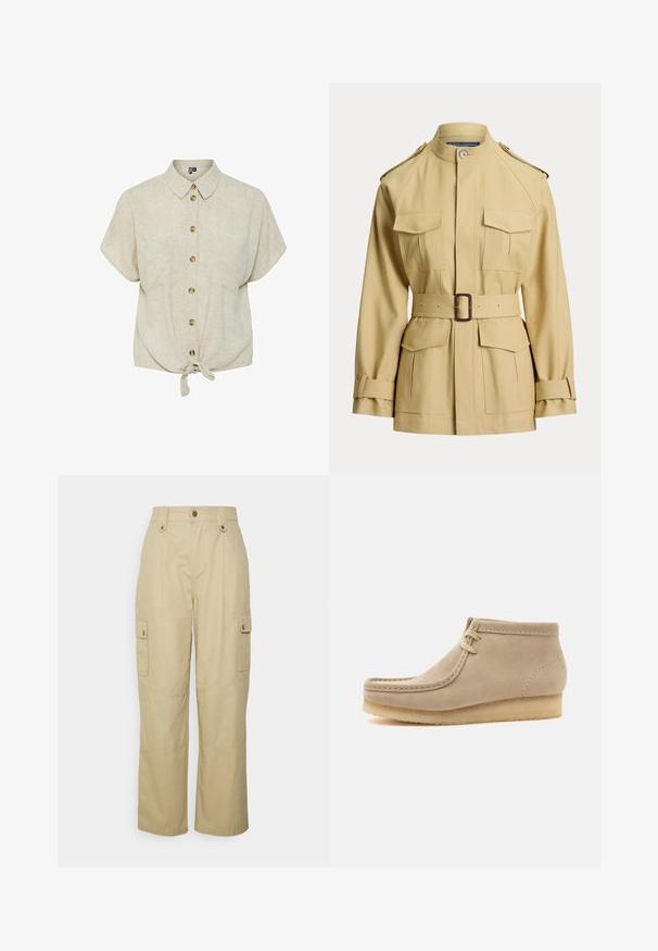 Veste beige ceinturée avec quatre poches avant à rabat, ceinture à boucle à la taille, col montant, épaulettes et bracelets de manche réglables.; Chemise à manches courtes couleur beige clair, fabriquée en tissu texturé, avec un devant noué, un ourlet arrondi et des boutons marron.; ONLY SAIGE CARGO PANT - Pantalon classique - oxford tan; Bottine beige en daim avec semelle en crêpe et coutures style mocassin, dotée de deux œillets et d'un talon plat.