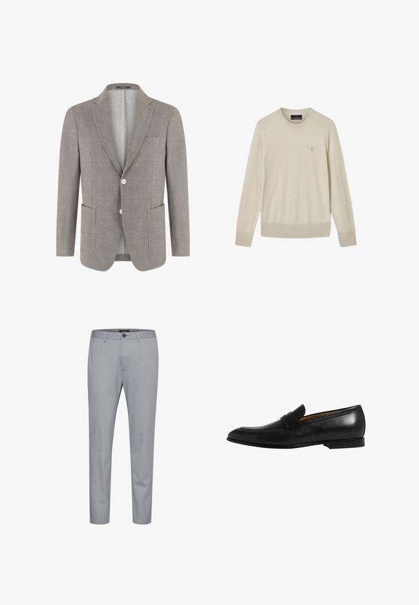 Veste blazer pour hommes gris clair avec revers crantés, deux boutons avant, poches plaquées et poche poitrine à fente, par Boggi Milano.; Pull beige à manches longues avec col ras du cou, poignets et ourlet côtelés, arborant un petit logo brodé sur le côté gauche de la poitrine.; Pantalon à motifs gris en tissu au toucher lisse. Comprend une fermeture à bouton et une coupe fuselée.; Mocassin en cuir noir au design épuré, avec un bout légèrement pointu et une bande décorative sur le dessus. Texture lisse et semelle robuste.