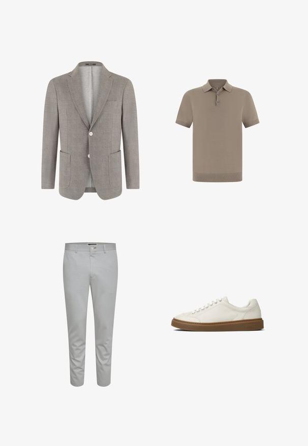 Hellgrauer Herrenblazer mit Kerbkragen, zwei vorderen Knöpfen, aufgesetzten Taschen und einer Brustleistentasche, von Boggi Milano.; Polohemd in Taupe mit strukturierter Oberfläche, kurzen Ärmeln und Kragen. Mit drei Knöpfen und gerippten Bündchen.; Hellgraue, maßgeschneiderte Hose mit glatter Textur, ausgestattet mit einem Knopfverschluss, Gürtelschlaufen und Fronttaschen. Design in knöchellanger, verkürzter Form.; Weißer Ledersneaker mit rundlicher Spitze, flacher brauner Gummisohle und sechs Ösen zum Schnüren. Verfügt über dezente Nähte und Branding an der Ferse.
