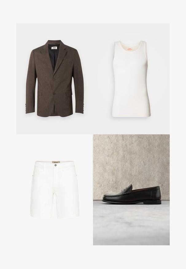 Blazer marrón para hombre con corte a medida, solapas con muesca, dos botones delanteros, bolsillos con tapa y forro interior negro sobre un fondo neutro.; Top sin mangas blanco con ribetes, de escote redondeado y tirantes anchos. Textura suave y diseño ajustado.; Pantalones cortos de mezclilla blanca con un diseño clásico de cinco bolsillos, cierre de botón metálico y detalles de costura en contraste. Textura suave y corte recto.; Mocasín penny de cuero negro con tacón bajo, punta redondeada y detalles cosidos en la parte delantera y los laterales, mostrado sobre un fondo neutro.