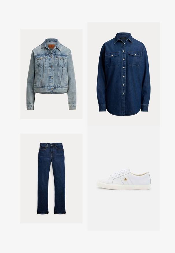 Hellblaue Jeansjacke mit langen Ärmeln, spitzem Kragen und zwei Brusttaschen. Verfügt über silberfarbene Knöpfe und eine leicht verkürzte Silhouette.; Dunkelblaues Jeanshemd mit langen Ärmeln, zwei Brustklappen mit Knöpfen und einem spitzen Kragen.; Dunkelblaue Straight-Leg-Denim-Jeans mit Frontknopf und Reißverschluss, Fünf-Taschen-Design und sichtbaren Nähten.; Lauren Ralph Lauren JANSON II ACTION LEATHER SNEAKER - Sneaker low - real white