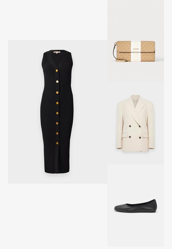 Blazer double boutonnage couleur crème avec de larges revers et quatre boutons foncés, comportant deux poches à rabat et des épaules structurées.; Robe en tricot côtelé noir avec un décolleté en V, sans manches et boutons dorés sur le devant, présentant une silhouette ajustée.; Ballerines en cuir noir avec un bout rond, texture lisse, détails de couture minimalistes et design de semelle flexible.; Pochette beige Michael Kors avec motif logo marron, bande blanche centrale, plaque logo dorée et bracelet amovible sur fond blanc.