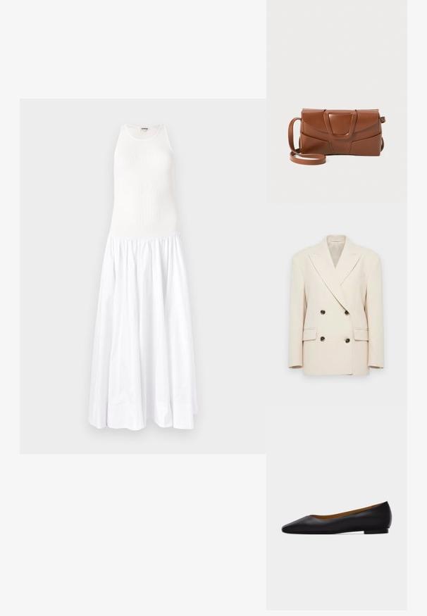 Beige Doppelreiher-Blazer mit breiten Revers und vier dunklen Knöpfen, ausgestattet mit zwei Klappentaschen und strukturierten Schultern.; Weißes Maxikleid mit einem gerippten Oberteil und einem fließenden, gerafften Rock. Hergestellt aus leichtem Stoff, verfügt es über ein ärmelloses Design und einen runden Ausschnitt.; Schwarzer flacher Schuh aus Leder mit spitz zulaufender Vorderkappe, niedrigem Absatz und glatter Oberfläche, von der Seite vor einem hellgrauen Hintergrund dargestellt.; Braune Lederhandtasche mit einem eleganten Design, das eine strukturierte Klappe, einen auffälligen Verschluss und einen verstellbaren Trageriemen für Vielseitigkeit umfasst.