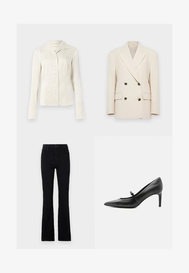 Crème kleurige double-breasted blazer met brede revers en vier donkere knopen, voorzien van twee klepzakken en gestructureerde schouders.; Off-white blouse met lange mouwen en knopen, voorzien van een brede kraag en een getailleerde taille, gepresenteerd tegen een effen lichte achtergrond.; Zwarte uitlopende jeans gemaakt van een katoenmix. Voorzien van een knoopsluiting, riemlussen en twee voorzakken voor praktisch gebruik.; Zwarte leren pumps met puntige neus, dunne riem en gesp over de wreef, staand op een neutrale lichte achtergrond.