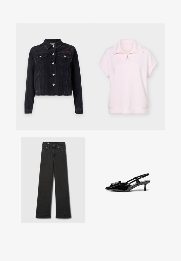 Red Bull Racing x Pepe Jeans JACKET - Veste en jean - denim; Pull-over rose clair à manches courtes avec col large et demi-fermeture éclair à l'avant, fabriqué en tissu doux avec des poignets de manches repliés.; Jeans noirs taille haute à jambes droites avec cinq poches et rivets en cuivre, posés à plat sur un fond gris clair.; Talons aiguilles en cuir verni noir avec un bout pointu, un détail en nœud à l'avant et un petit talon stiletto. Les brides sont équipées de boucles ajustables.