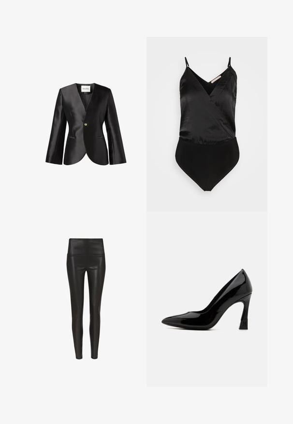 Must mustriga jakker, millel on sügav V-kaelus, pikad varrukad ja üks kuldne nööp. Includeerib kahe esipocket ja fititud silueti.; Anna Field by Zalando Topp - black; Kõrge vöökohaga mustad kunstnahast legginsid, millel on sile ja läikiv viimistlus ning keha lähedane siluett, mis kitseneb pahkluule. Nähtavad õmblused puuduvad.; Must musta nahk säärise kõrged kontsad, terava nina ja plokkninakuga, millel on logoga detail. Sile, läikiv pinna tekstuur.