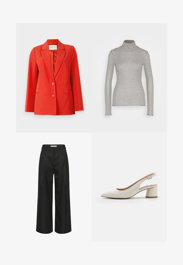 Rode blazer met een op maat gemaakte pasvorm, inslagkraag, twee voorzakken en twee knopen. Gladde stof met een gestructureerde silhouet.; Anna Field Longsleeve - beige/black; Zwarte broek met wijde pijpen en een getailleerd ontwerp, met een hoge taille, voorplooien en een gladde stoftextuur. Geschikt voor formele kleding.; Witte leren slingback pump met een spitse neus, middelhoge blokhak en verstelbare strap. Gladde textuur; minimalistisch ontwerp.