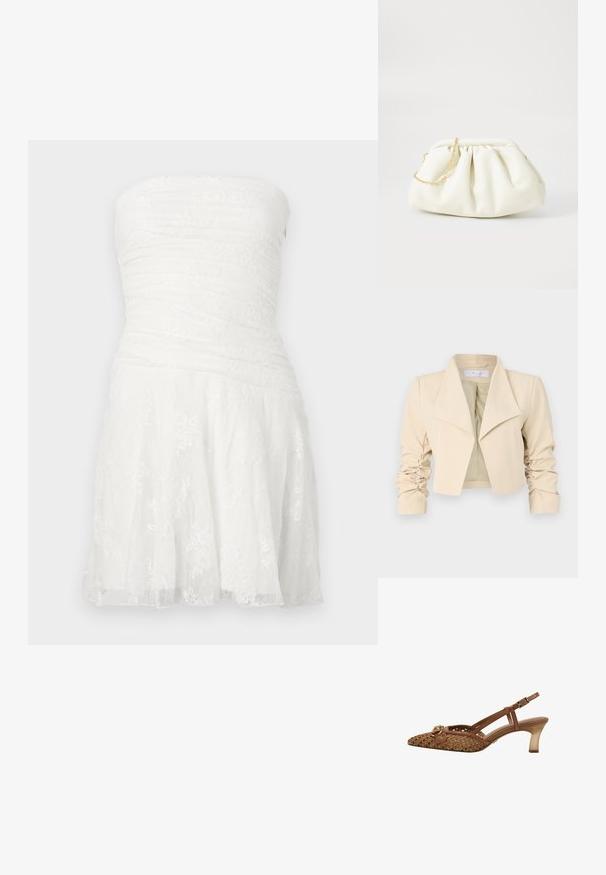 Veste cropped beige avec un col surdimensionné, des manches froncées et une texture lisse. La doublure intérieure est d'un vert clair contrastant.; Robe blanche sans bretelles avec un buste froncé, des détails en dentelle et une jupe évasée. Confectionnée dans un tissu léger avec une finition texturée.; Chaussure slingback tissée marron avec un bout pointu, des fines lanières, un accent de boucle décorative et un talon transparent de hauteur moyenne.; Sac à main en cuir blanc avec un design plissé, doté d'une bandoulière en chaîne dorée et d'une forme arrondie. Texture lisse avec des plis doux et sans motifs.