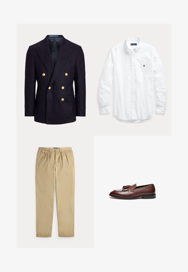 Blazer bleu marine croisé avec larges revers et six boutons dorés, avec poches avant à rabat et doublure intérieure noire lisse.; Chemise blanche à manches longues avec boutons et col, avec un petit logo foncé sur la poitrine gauche, posée à plat sur un fond clair.; Pantalon beige plissé avec poches latérales, petite poche à bouton pour la monnaie sur la droite, passants pour ceinture et fermeture à bouton et zip à l'avant.; Mocassins en cuir marron avec une finition lisse, des franges décoratives, un bout arrondi et une semelle en caoutchouc noir basse.