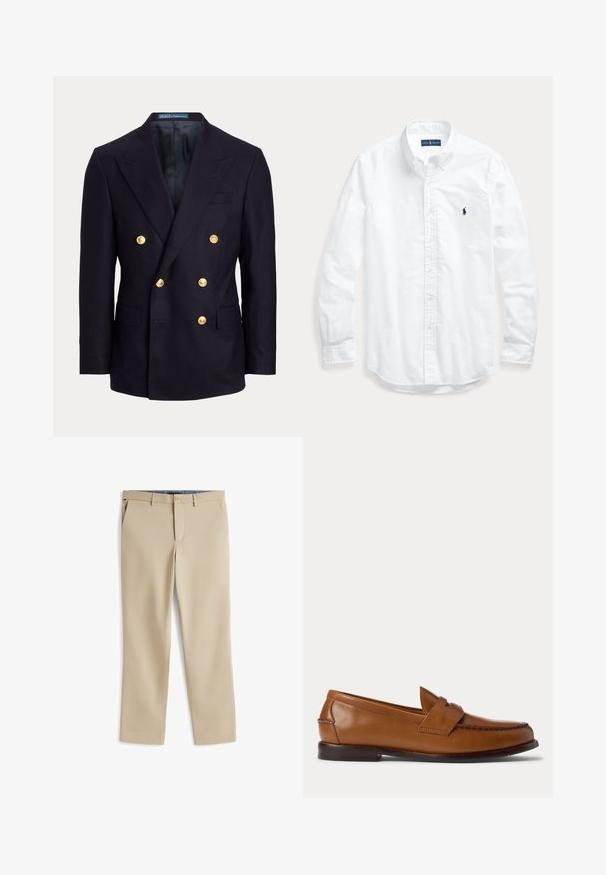 Marineblå dobbeltradet blazer med brede lapeller og seks gyldne knapper, med forlommer med klap og en glat sort inderforing.; Hvid skjorte med lange ærmer, knapper og krave, med lille mørkt logo på venstre bryst, lagt fladt på en lys baggrund.; Beige bukser med lige ben, bæltestropper, frontknaplukning og sidelommer, vist fladt på en hvid baggrund.; Brun læder penny loafer sko med lav hæl og syninger langs fronten og siderne, vist fra siden på en hvid baggrund.