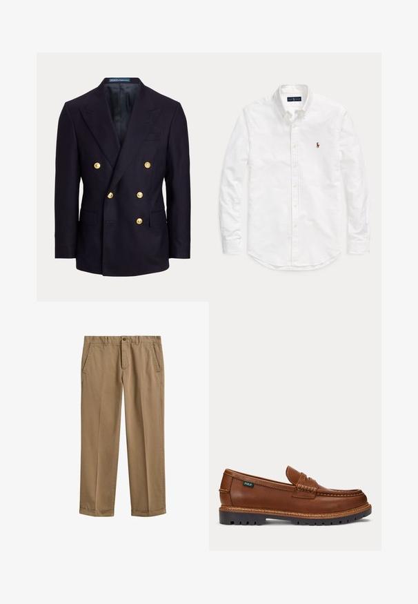 Marineblauer, zweireihiger Blazer mit breiten Revers und sechs goldenen Knöpfen, mit aufgesetzten Taschen vorne und einem glatten schwarzen Innenfutter.; Weißes, langärmliges Hemd mit Knopfleiste und Kragen sowie kleinem, gesticktem Logo auf der linken Brust, flach auf einem einfarbigen Hintergrund liegend.; Herren beige Chinohose mit Seitentaschen, Knopfverschluss, Gürtelschlaufen und umgeschlagenen Säumen auf weißem Hintergrund.; Brauner Lederloafer mit aufgenähten Details, robuster schwarzer Sohle und kleinem "Polo"-Etikett an der Seite.