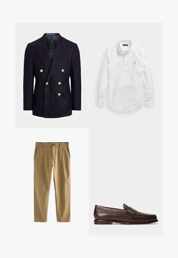 Marineblå dobbeltradet blazer med brede lapeller og seks gyldne knapper, med forlommer med klap og en glat sort inderforing.; Hvid bomulds skjorte med knaplukning, klassisk krave, lange ærmer og et lille broderet logo på venstre bryst.; Beige afslappede bukser med knap- og lynlås-lukning, bæltestropper og forlommer, vist på hvid baggrund.; Mørkebrune læder penny loafers med syningsdetaljer og lav stacket hæl, vist fra siden på en ensfarvet baggrund.
