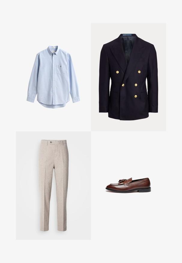 Blazer bleu marine croisé avec larges revers et six boutons dorés, avec poches avant à rabat et doublure intérieure noire lisse.; Chemise bleu clair en coton avec boutons. Elle comporte une poche poitrine, des manches longues et un col classique. Texture lisse avec un ourlet arrondi.; Pantalons en laine beige clair avec une texture lisse, coupe droite, plis sur le devant et fermeture à un bouton à la taille.; Mocassins en cuir marron avec une finition lisse, des franges décoratives, un bout arrondi et une semelle en caoutchouc noir basse.