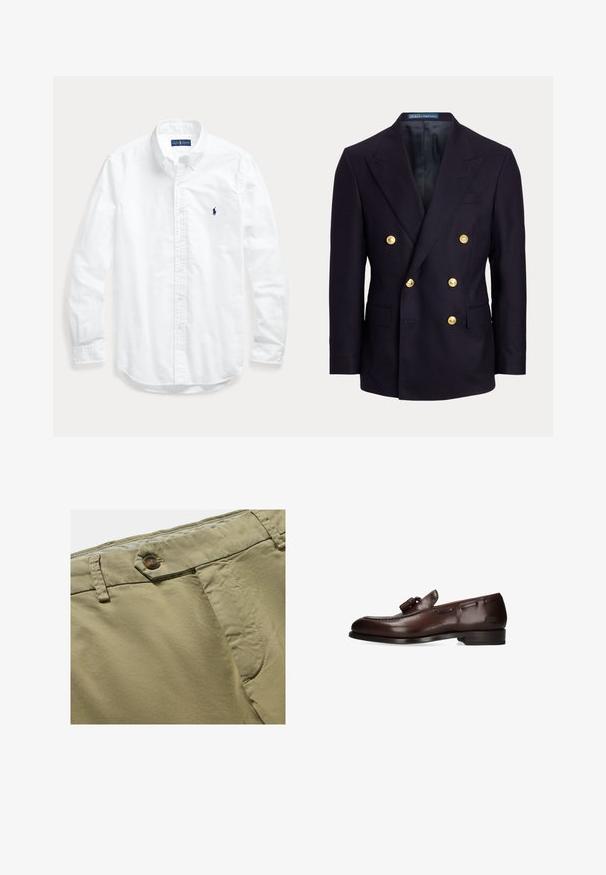 Marineblauer, zweireihiger Blazer mit breiten Revers und sechs goldenen Knöpfen, mit aufgesetzten Taschen vorne und einem glatten schwarzen Innenfutter.; Weißes Hemd mit langen Ärmeln, Knopfleiste und Kragen, mit kleinem dunklem Logo auf der linken Brust, flach auf einem hellen Hintergrund liegend.; Khakihosen aus weichem, leichtem Stoff mit Knopfverschluss, flachem Frontlayout und Seitentaschen, mit feiner Textur und Falten.; Dunkelbrauner Herren-Loafer aus Leder mit Quasten, kleinem Absatz und dezenten Nähten entlang der Seiten und im Zehenbereich.