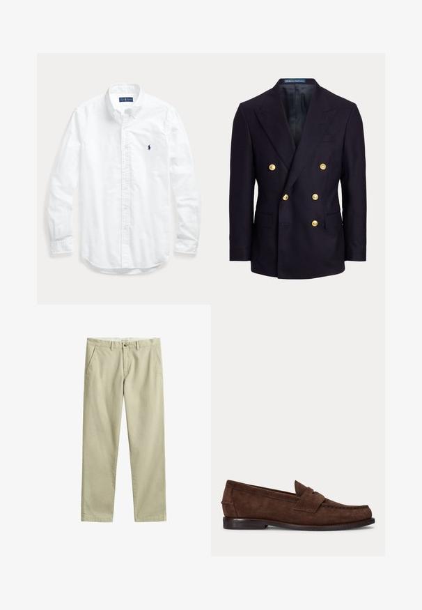 Marineblå dobbeltradet blazer med brede lapeller og seks gyldne knapper, med forlommer med klap og en glat sort inderforing.; Hvid skjorte med lange ærmer, knapper og krave, med lille mørkt logo på venstre bryst, lagt fladt på en lys baggrund.; Beige straight-leg chinos med bæltestropper, frontknap og lynlås samt sidelommer, lagt fladt på en hvid baggrund.; Brun ruskind penny loafer med lav hæl og synlig syning langs tåen, siden og bagpå, vist på ensartet lys baggrund.