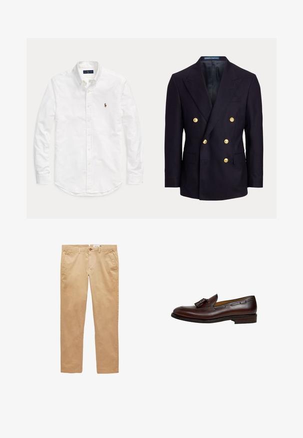 Marineblauer, zweireihiger Blazer mit breiten Revers und sechs goldenen Knöpfen, mit aufgesetzten Taschen vorne und einem glatten schwarzen Innenfutter.; Weißes, langärmliges Hemd mit Knopfleiste und Kragen sowie kleinem, gesticktem Logo auf der linken Brust, flach auf einem einfarbigen Hintergrund liegend.; Beige gerade geschnittene Baumwollhose mit Gürtelschlaufen, vorderen Taschen und Knopfverschluss.; Dunkelbrauner Leder-Tasselloafer mit niedrigem Absatz und gesteppten Details entlang der Seiten und oben, dargestellt aus dem äußeren Seitenprofil.