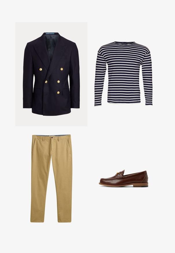 Marineblå dobbeltradet blazer med brede lapeller og seks gyldne knapper, med forlommer med klap og en glat sort inderforing.; Armor lux LOCTUDY MARINIÈRE - Langærmet T-shirt - navire/nature; Khaki chinos med en glat tekstur, lige ben design, forlommer og knaplukning. Struktureret talje med bæltestropper.; Brune læder loafers med et vævet detaljer og et guldfarvet element. Flad træhæl med sort gummigreb. Glat tekstur, klassisk design.