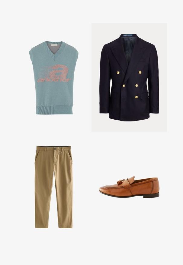 Marineblauer, zweireihiger Blazer mit breiten Revers und sechs goldenen Knöpfen, mit aufgesetzten Taschen vorne und einem glatten schwarzen Innenfutter.; Helles blaues ärmelloses Stricktop mit V-Ausschnitt, das ein rosa grafisches Design mit dem Wort "another" und einem Geschwindigkeitsmotiv zeigt. Gerippter Saum.; Beige Freizeithose mit Knopf- und Reißverschluss, Gürtelschlaufen und seitlichen Vordertaschen, auf weißem Hintergrund dargestellt.; Braune Leder-Bescuhschuhe mit einer strukturierten Einlage und Quastenverzierung, runder Zehenform und flacher Sohle.
