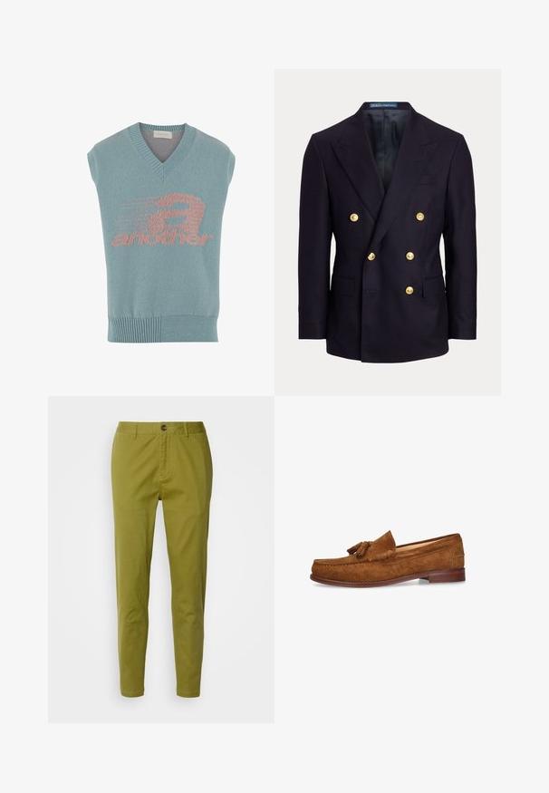 Marineblauer, zweireihiger Blazer mit breiten Revers und sechs goldenen Knöpfen, mit aufgesetzten Taschen vorne und einem glatten schwarzen Innenfutter.; Helles blaues ärmelloses Stricktop mit V-Ausschnitt, das ein rosa grafisches Design mit dem Wort "another" und einem Geschwindigkeitsmotiv zeigt. Gerippter Saum.; Olivgrüne, schmal geschnittene Baumwollhosen mit glatter Textur. Verfügen über einen Knopfverschluss, Gürtelschlaufen und Seitentaschen.; Brauner Mokassin für Herren aus Wildleder mit Quasten, genähter Mokassinnase und niedrigem Holzabsatz, seitlich auf weißem Hintergrund abgebildet.