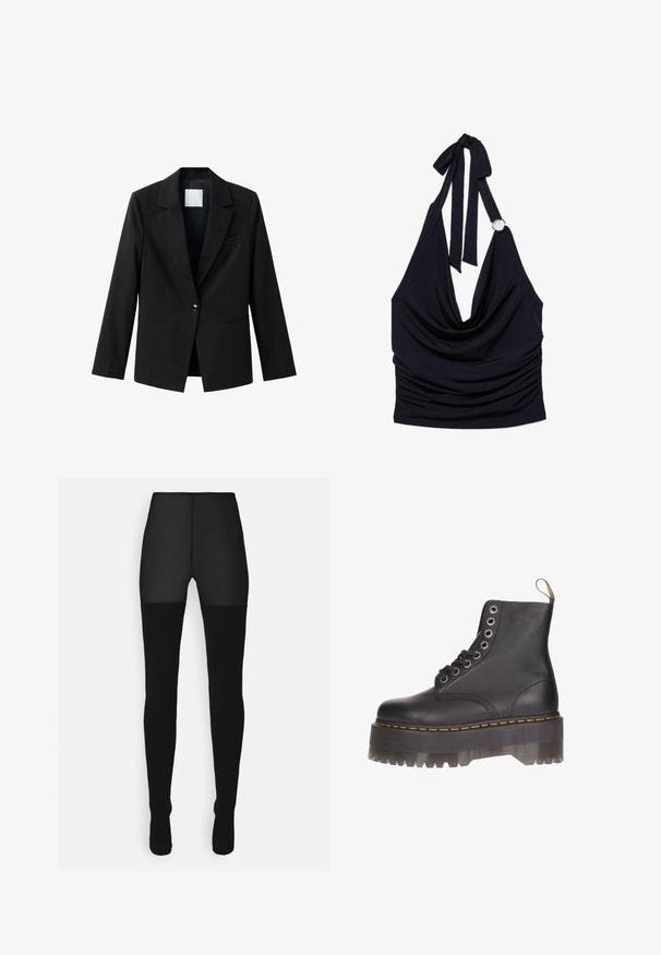 Zwarte blazer met een inkepingkraag, enkele knoopsluiting en twee voorzakken. Gemaakt van gladde stof, met een getailleerde pasvorm.; Marineblauwe haltertop gemaakt van zachte stof, met een gedrapeerde halslijn, geplooide zijnaden en een cirkelvormig accent op de schouder.; Norma Kamali THIGH HIGH SPLICED FOOTSIE - Legging - black; Zwarte lederen enkellaars met zes-oogsluiting, gele stiksels en een transparante plateauzool met een gekartelde rand.