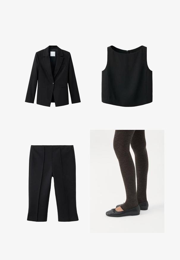 Veste noire à revers cranté, fermeture à un bouton et deux poches avant. Fabriquée en tissu lisse, avec une coupe ajustée.; Haut noir sans manches avec un col rond et une texture de tissu lisse. Il possède une fermeture éclair discrète au dos et un ourlet droit.; Pantalon noir court avec deux plis avant, texture lisse et fermeture éclair latérale. Design sur mesure, sans motifs visibles.; Jambes portant des leggings côtelés foncés associés à des ballerines noires avec de petits détails en nœud sur fond blanc.