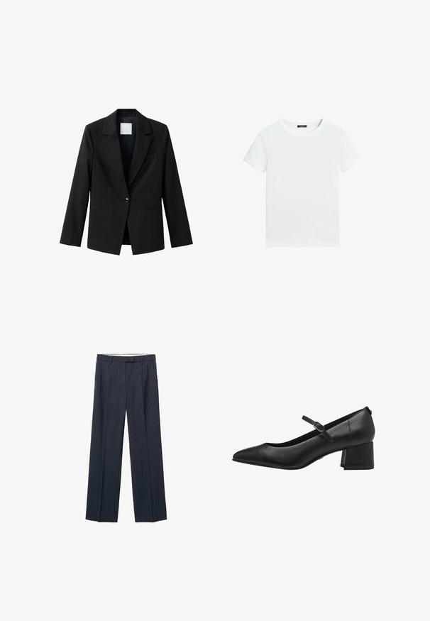 Sort blazer med hakkrave, enkelt knaplukning og to forlommer. Fremstillet af glat stof og med skræddersyet pasform.; Almindelig hvid T-shirt med korte ærmer, rund halsudskæring og lille sort label inden i kraven.; Mørkeblå stribede bukser, vide ben, skrædderdesign, folder ned foran, bæltestropper og lynlås. Glat stofstruktur.; Sorte læder lavhælede pumps med spidse tæer, ankelrem og struktureret finish. Simpelt design med en robust blokhæl.