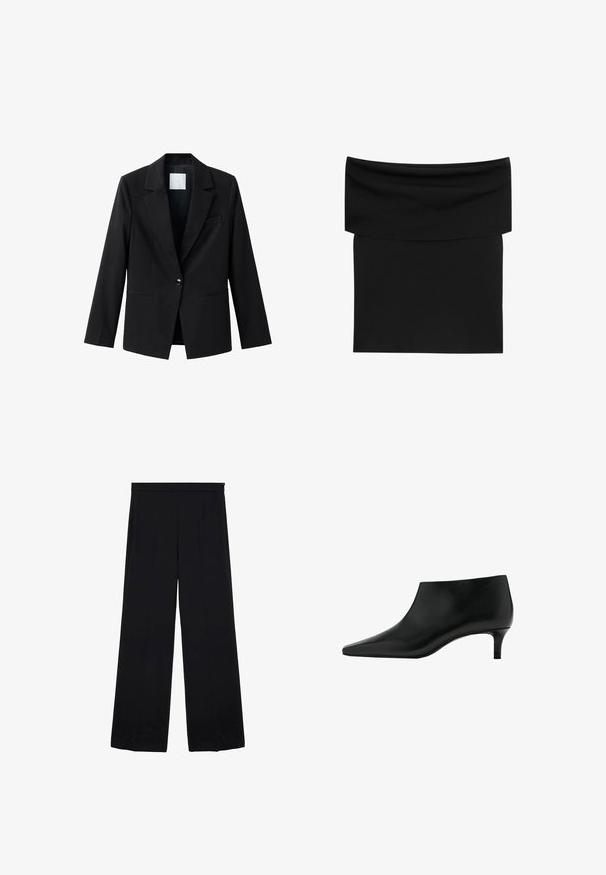 Schwarzer Blazer mit kontrastierendem Revers, Ein-Knopf-Verschluss und zwei vorderen Taschen. Hergestellt aus glattem Stoff, mit einer taillierten Passform.; Schwarzer, schulterfreier, figurbetonter Minirock mit breitem Umschlagbund und glatter Textur.; Schwarze, weit geschnittene Hose aus glattem Material, mit hoher Taille und gefaltetem Frontbereich, die ein sauberes, minimalistisches Design ohne Muster oder Beschläge aufweist.; Schwarzer Leder-Stiefelette mit spitz zulaufender Zehenpartie und niedrigem Kitten-Heel, entworfen für eleganten und formellen Gebrauch.