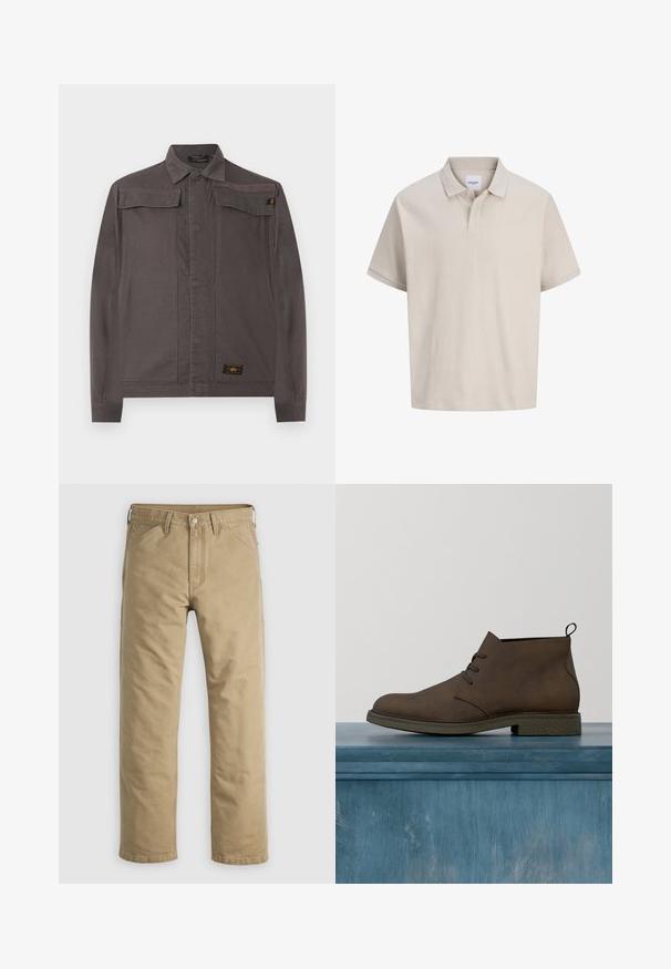 Mørkegrå casual jakke med lange ærmer, krave, to brystlommer med klap og mærke med brandnavn nær kanten mod en hvid baggrund.; Beige kortærmet polo med subtile lodrette striber, en klassisk krave og en to-knaps stolpe.; Khakifarvede bomuldssbukser med lige ben, forlommer og knaplukning. Glat tekstur og forstærkede sømme for holdbarhed.; Brun syntetisk lædersko med rundet tå, snørebånd og en tekstureret gummisål. Den har en trække-flig bagpå for nem påtagning.