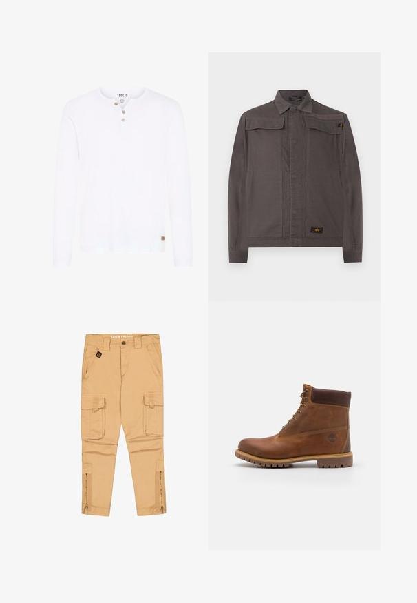 Chaqueta casual de color gris oscuro con mangas largas, cuello, dos bolsillos con solapa en el pecho y etiqueta de marca cerca del dobladillo sobre un fondo blanco.; Camisa de manga larga blanca hecha de algodón con un cuello henley abotonado y una pequeña etiqueta de logo marrón en el dobladillo. Textura suave.; Pantalones cargo beige con botón delantero, trabillas para el cinturón, dos bolsillos laterales, dos bolsillos cargo con solapa y cremalleras en la parte inferior de las piernas.; Botas de senderismo de cuero marrón con un acabado suave, tobillo acolchado, ojales de metal y suela de goma con un patrón de tracción robusto.