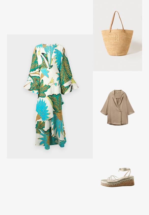 Blazer beige oversize avec manches trois-quarts, fermeture à un bouton et col à revers cranté, présenté à plat sur un fond blanc.; Robe longue et fluide avec un décolleté en V profond, des manches évasées et des motifs de feuilles tropicales vibrants en teal, or et vert sur un fond clair.; Sandale compensée dorée à lanières avec plateforme en liège et attache à nouer autour de la cheville, dotée de fines lanières sur les orteils et d'une tige métallique.; Sac cabas en paille tissée beige avec deux poignées en cuir marron clair et un monogramme brodé subtil au centre avant.