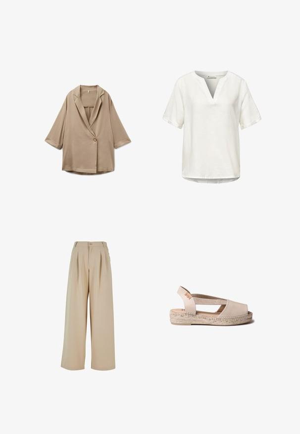 Blazer beige de gran tamaño con mangas hasta el codo, cierre de un solo botón y cuello de solapa con muesca, presentado extendido sobre un fondo blanco.; Blusa blanca de manga corta con escote en V partido y dobladillo ligeramente curvado, hecha de tela ligera.; Pantalones de pierna ancha beige con pliegues en la parte delantera, cierre de botón y una textura suave. Presenta una cinturilla entallada y bolsillos laterales.; Sandalia alpargata de cuero beige con punta abierta, tiras elásticas y suela de cuña envuelta en yute. Tacón plano, diseño casual.