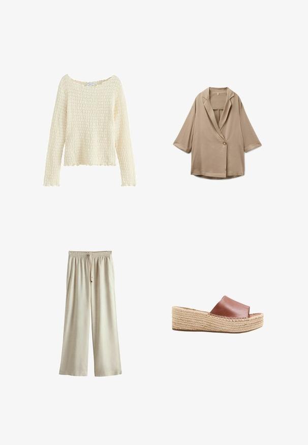 Blazer beige oversize avec manches trois-quarts, fermeture à un bouton et col à revers cranté, présenté à plat sur un fond blanc.; Pull créme texturé à manches longues et à encolure large. Présente un motif tricoté et un ourlet festonné. Fabriqué en matériau doux.; Pantalon beige à jambes larges avec taille élastique et cordon de serrage, doté de poches latérales, présenté sur un fond blanc.; Sandale mule en cuir marron avec semelle plateforme en jute tressé et bout ouvert, conçue pour un usage décontracté en été.