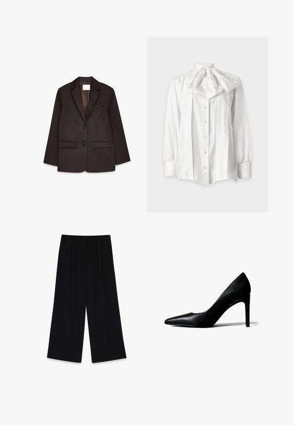 Bruine blazer met een gestructureerde afwerking, voorzien van een notch-kraag, twee voorzakken en een enkele knoopsluiting.; Witte blouse met lange mouwen, knopen aan de voorkant en een grote strik bij de hals, met geplooide details aan de voorkant.; Zwarte wijde broek van gladde stof, met plooien aan de voorkant, een middelhoge taille en geen zichtbare sluitingen of versieringen.; Zwarte leren pumps met een spits toelopende neus en een smalle naaldhak op een witte achtergrond.