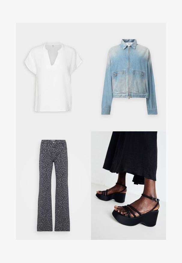 Veste en denim bleu clair avec une fermeture éclair sur le devant, deux poches zippées et un col. Présente un design cropped et une texture légèrement décolorée.; Haut blanc à manches courtes avec un décolleté en V, fabriqué dans un tissu texturé, présentant une coupe décontractée et des détails de coutures subtils.; Jean évasés gris avec un motif léopard noir. Ils sont dotés d'une fermeture à bouton et d'un design à cinq poches.; Sandales compensées noires avec plusieurs fines lanières, boucle de cheville ajustable, surface texturée et forme de talon arrondie.