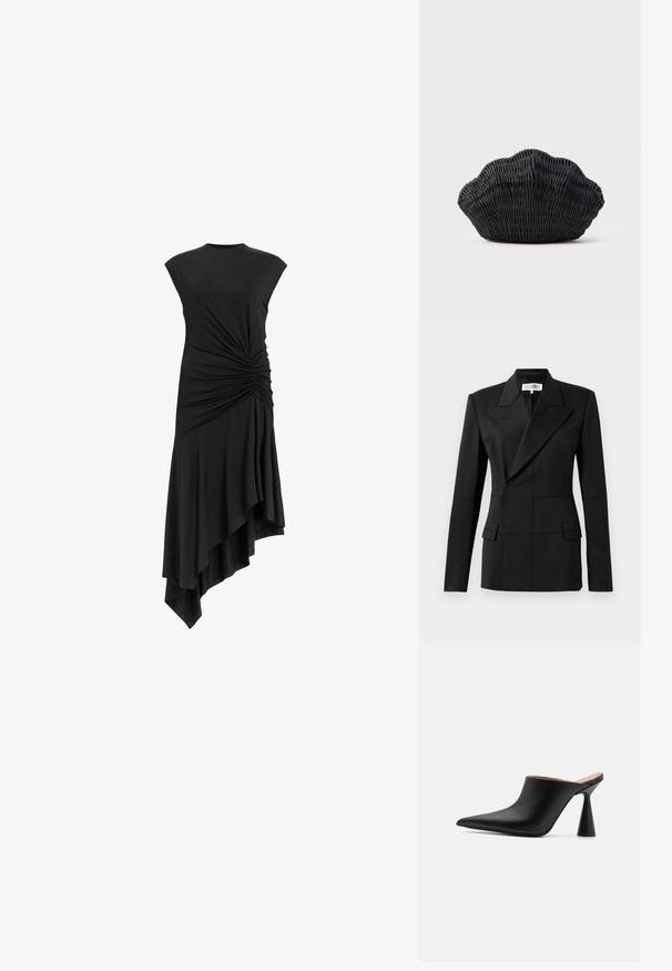 Sort skræddersyet blazer, en lang ærme, notch laps, dobbeltradet lukning, to frontlommer, struktureret stof med synlig syning.; Sort ærmeløs kjole med samlet detalje på siden, der har en asymmetrisk nederdel, som draperer elegant. Blød stofstruktur.; Sorte lædermules med spids tå og en unik kegleformet hæl. Glat tekstur og minimalistisk design, åben bagside for nem påtagning.; Sort flet håndtaske formet som en muslingeskal med en buet top og flettet tekstur på en ensfarvet baggrund.
