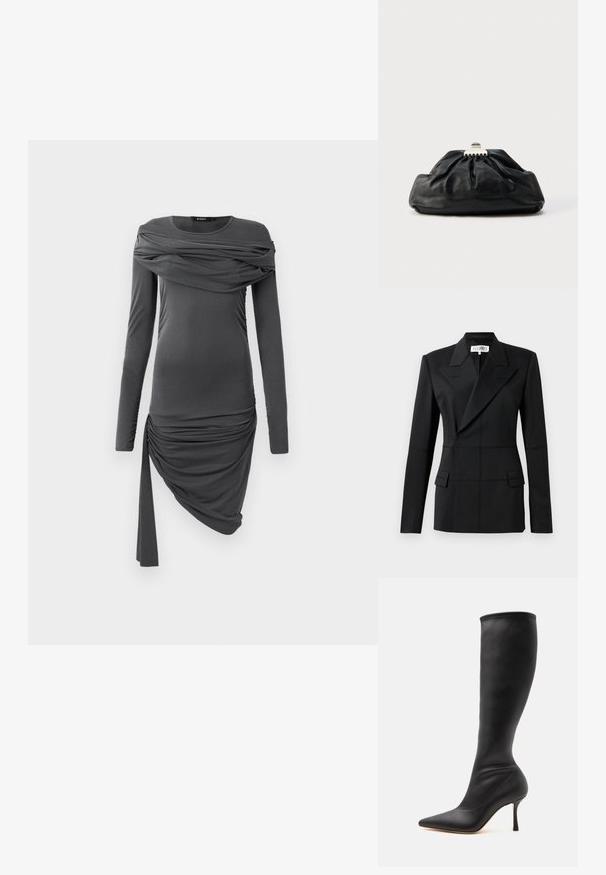 Sort skræddersyet blazer, en lang ærme, notch laps, dobbeltradet lukning, to frontlommer, struktureret stof med synlig syning.; Mørkegrå tætsiddende langærmet kjole med draperet stof over brystet og asymmetrisk rynket nederdel med hængende bånd på den ene side.; Sort læder knæhøj støvle med spids tå og høj, slank stilethæl på hvid baggrund.; Sort læderclutch med en samlet tekstur, metal lukning og diskret præget logo på forsiden. Rundet form.