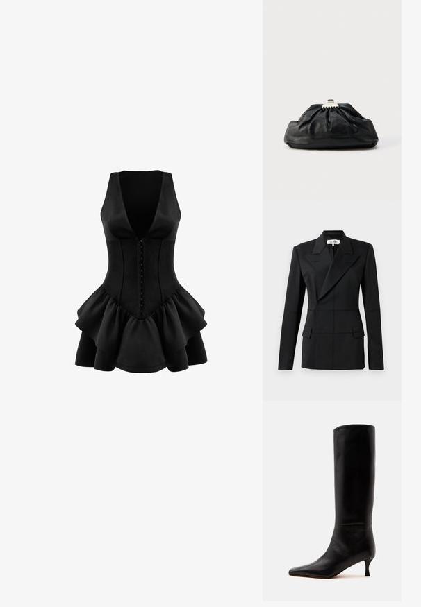 Sort skræddersyet blazer, en lang ærme, notch laps, dobbeltradet lukning, to frontlommer, struktureret stof med synlig syning.; OW Collection AUGUSTA - Jerseykjole - black; Høj sort læderstøvle med spids tå og lav kittenhæl vist i sideprofil på ensfarvet baggrund.; Sort læderclutch med en samlet tekstur, metal lukning og diskret præget logo på forsiden. Rundet form.