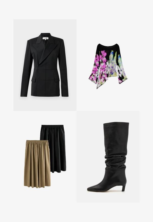 Sort skræddersyet blazer, en lang ærme, notch laps, dobbeltradet lukning, to frontlommer, struktureret stof med synlig syning.; Sort bluse med lange ærmer, asymmetrisk kant og livlige blomsterprint i pink, hvid, grøn og blå.; To knælange nederdele: en sort og en khaki. Begge har en elastisk talje og et flydende design med blødt, struktureret stof.; Sorte knæhøje støvler lavet af glat læder, med en slouchy design, spids tå og en lav stablet hæl.