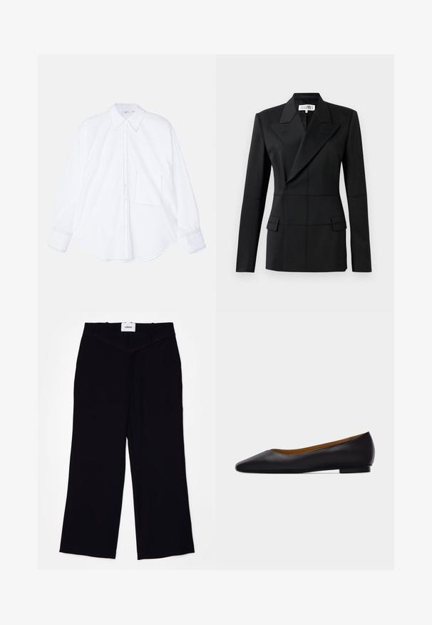 Sort skræddersyet blazer, en lang ærme, notch laps, dobbeltradet lukning, to frontlommer, struktureret stof med synlig syning.; Hvid langærmet skjorte fremstillet af glat stof, med knaplukning foran, stort krave, rundet nederste kant og en enkelt venstre brystlomme med syningsdetalje.; Sorte brede bukser lavet af et glat stof. Har en flad talje med bælteløkker og en ren finish ved kanterne.; Sort læder flad sko med spids tå, lav hæl og glat finish, vist fra siden på en lysegrå baggrund.