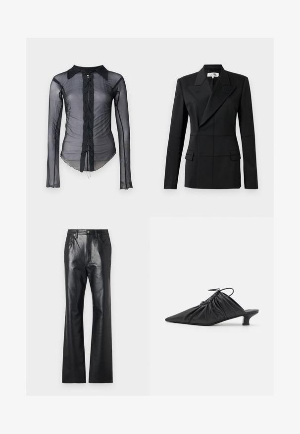 Sort skræddersyet blazer, en lang ærme, notch laps, dobbeltradet lukning, to frontlommer, struktureret stof med synlig syning.; Sort gennemsigtig skjorte med lange ærmer og spids krave, med en front snørelukning og samlet struktur langs siderne.; Sorte læderbukser med en glat tekstur, design med udvidede ben, lynlås foran og bæltestropper. Har diskrete stikninger som accent.; Sorte læder slip-on mules med spids tå, samlet tekstur og en lille kitten heel. Har en snor-detalje ved åbningen.