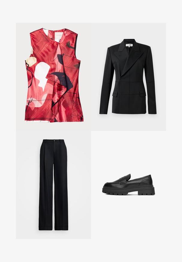 Sort skræddersyet blazer, en lang ærme, notch laps, dobbeltradet lukning, to frontlommer, struktureret stof med synlig syning.; Rød satin top med abstrakte blomster mønstre i sort og creme. Har et omslagdesign og ærmeløs skæring, med lynlås lukning på ryggen.; Sorte brede bukser med en glat overflade, flad front, bæltesløjfer og en enkelt knaplukning i taljen.; Sorte læder loafers med en tyk, robust sål. Har bølget detaljering foran og en glat overflade. Slank og moderne design.