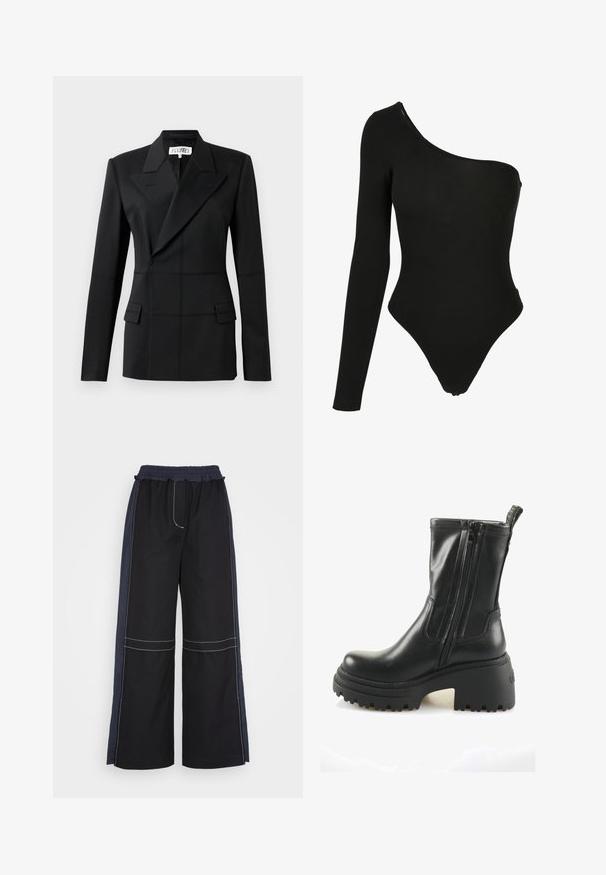 Sort skræddersyet blazer, en lang ærme, notch laps, dobbeltradet lukning, to frontlommer, struktureret stof med synlig syning.; Sort en-skulder bodysuit lavet af strækbart stof, med en langærmet side, højt skårne benåbninger og en tætsiddende silhuet.; 3.1 Phillip Lim COMBO UTILITY PANT - Bukser - black eclipse; Sorte læder ankelstøvler med dobbelte lynlåse, chunky mellemsål og en tekstureret gummisål. Har en trækflig bagpå for nem påtagning.