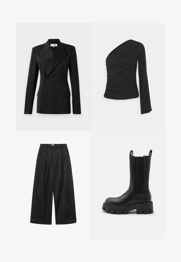 Sort skræddersyet blazer, en lang ærme, notch laps, dobbeltradet lukning, to frontlommer, struktureret stof med synlig syning.; Asymmetrisk langærmet top i sort, med en sammensamlet side for tekstur og en tætsiddende silhuet. Lavet af blødt, strækbart materiale.; Sorte bukser med vide ben, elastisk talje, sidelommer og knappede stropper ved kanten.; Sorte læder ankelstøvler med elastiske sidedele, trækremme, kraftig sål med mønster og forstærkede syninger. Overfladen har en glat struktur.